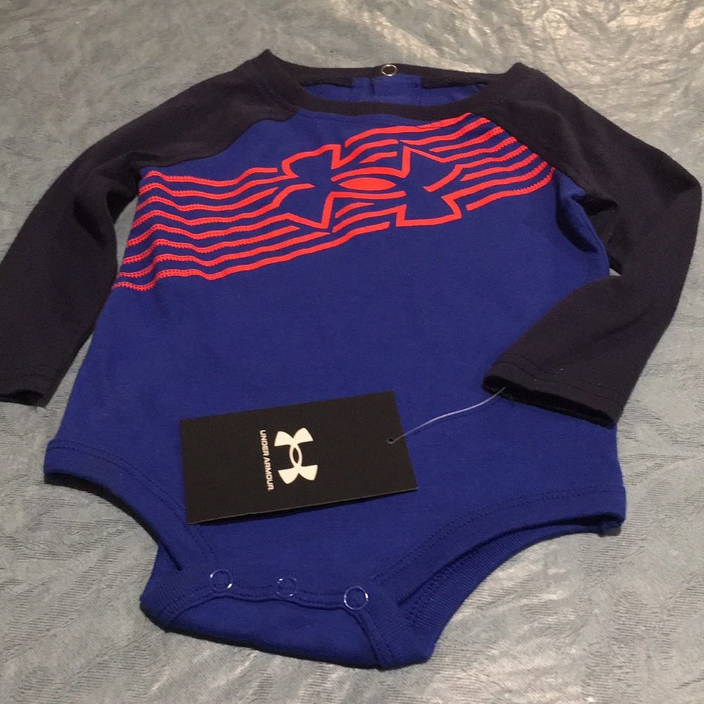 Under Armour Baby Bodysuit NEW Size 3/6 M Long sleeves orange U.A. Slash on Blue